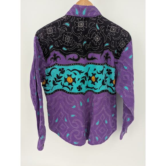 90s Vintage Western 100% Cotton Button Up Shirt Women's Medium Aztec Cowboy - Picture 4 of 6